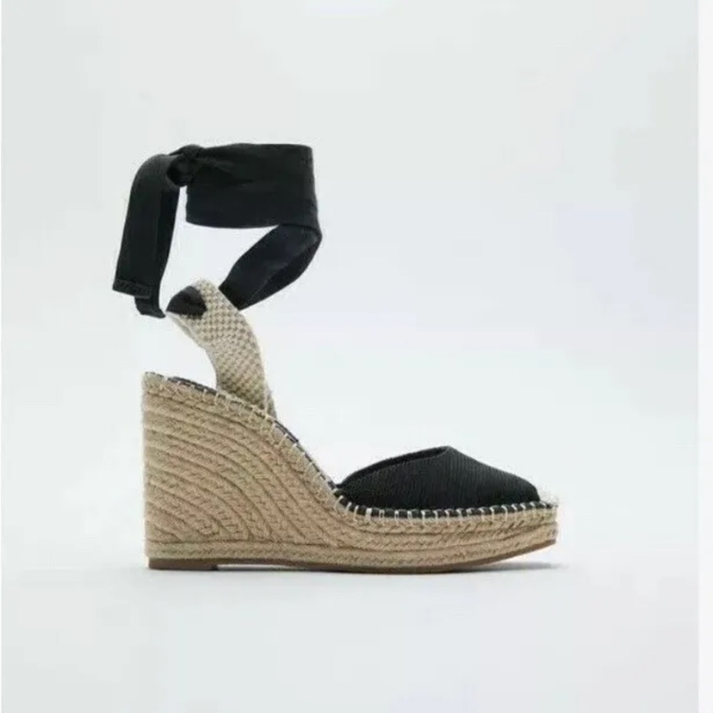 Zara Black Tied Raffia Espadrille Wedge Shoes NWT SZ 10 EU 41 - Picture 1 of 11